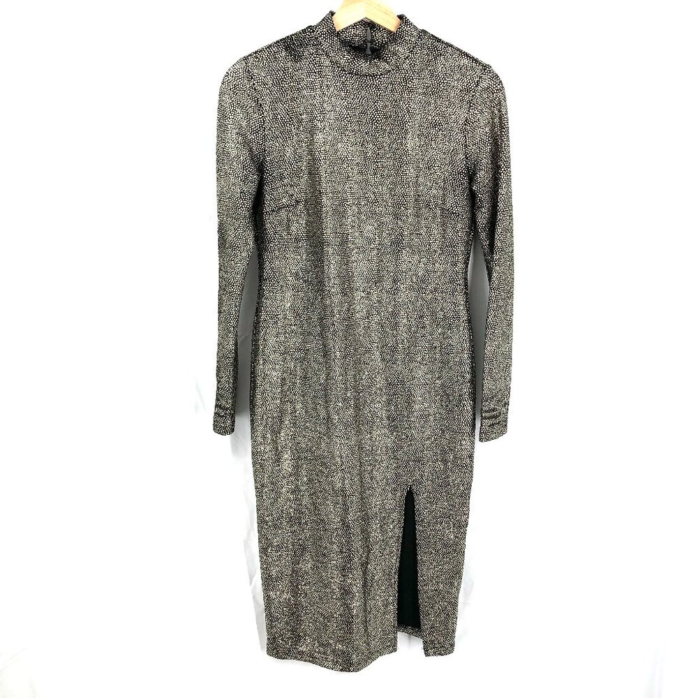 TOPSHOP Long-Sleeve Mock-Neck Midi Bodycon cocktail Dress Black Gold Dot 8